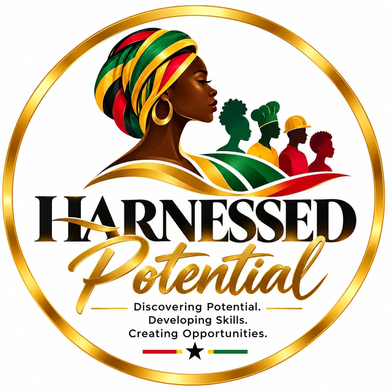 Harnessed Potential emblem: a woman in a red, gold and green headwrap beside young people from different trades